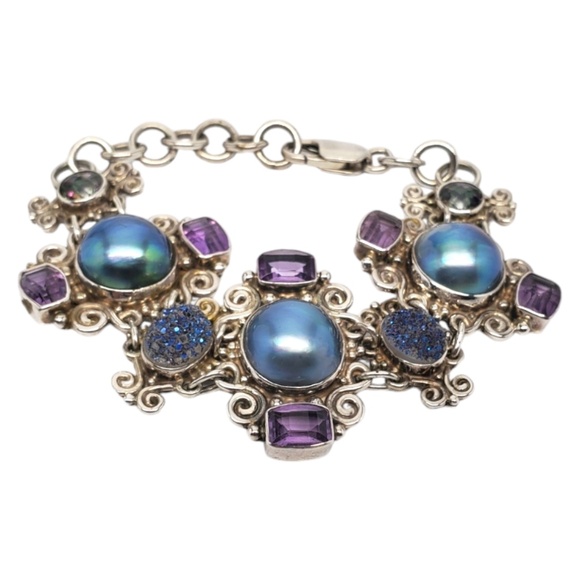 SAJEN Sterling Silver Mabe Pearl With Multicolored Gemstones Bracelet # 17565 - Picture 1 of 8